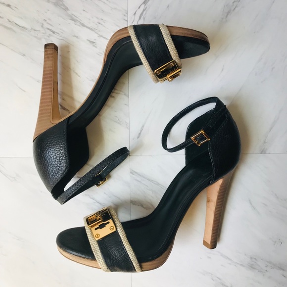 Tory Burch Shoes - Tory Burch Navy Blue Gold Buckle Ankle Strap Heels